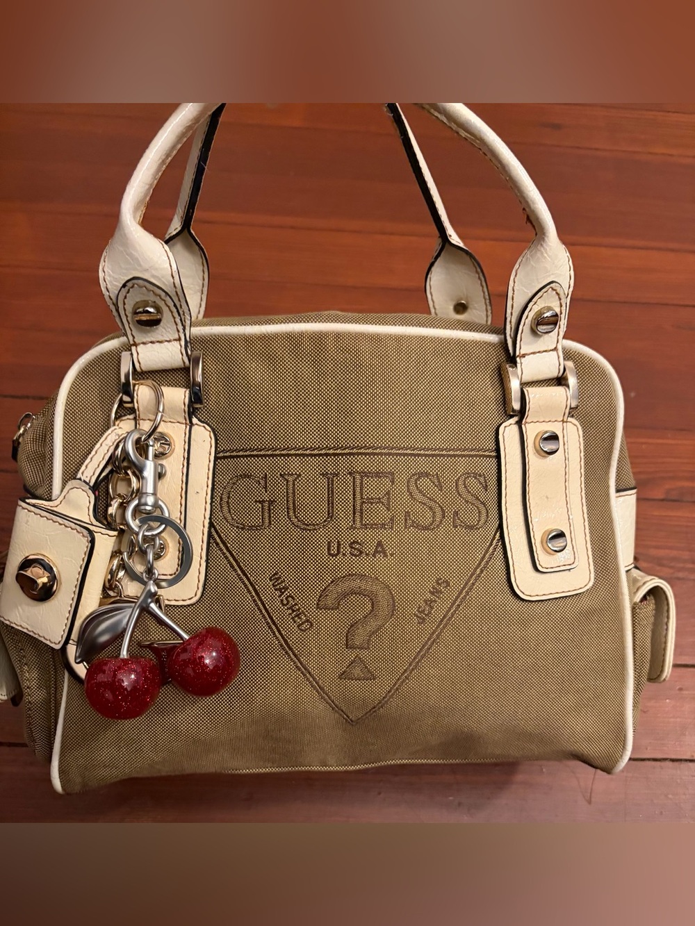 Guess Beige Canvas Logo Handbag with Cream Trim
